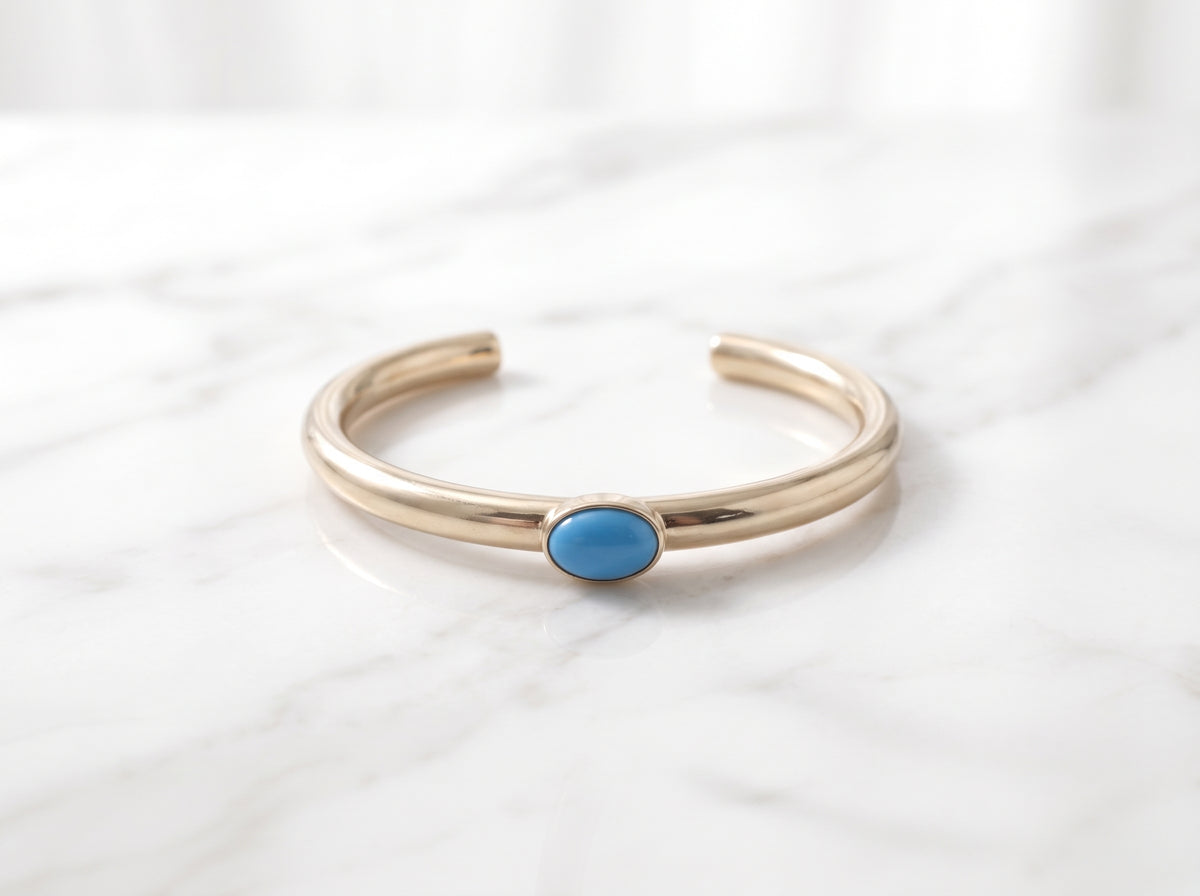 Gold Plated Oval Turquoise Blue Gemstone Open Cuff Bangle