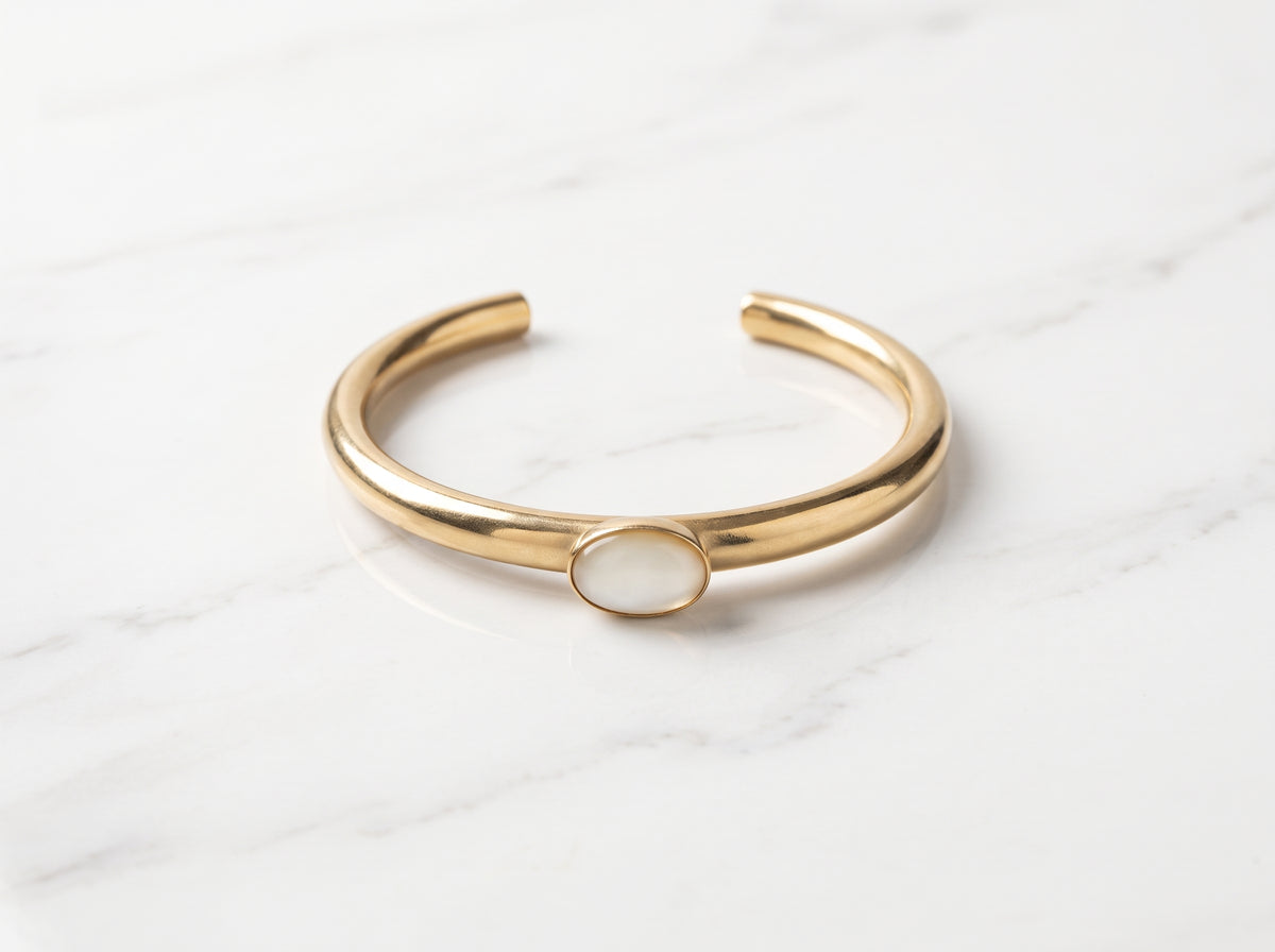 Gold Plated Oval Mother of Pearl Open Cuff Bangle