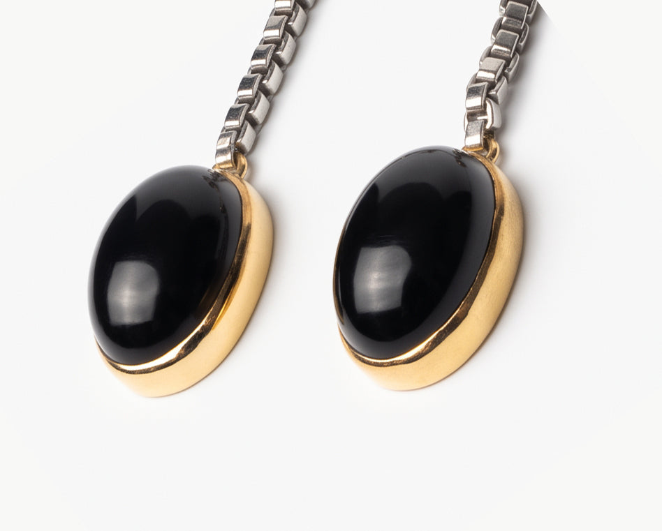 Two-Tone Gold & Silver Plated Drop Earrings with Black Onyx & Cubic Zirconia