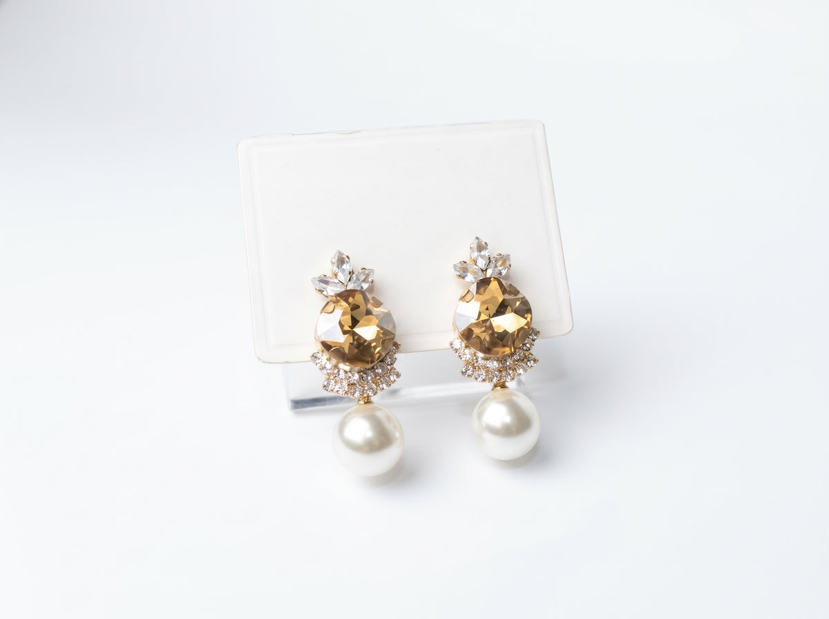 Gold Plated Champagne Round Faceted Statement Earrings