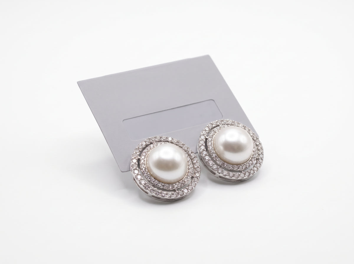 Lustrous Pearl & Double Pavé Crystal Halo Stud Earrings in Silver Finish