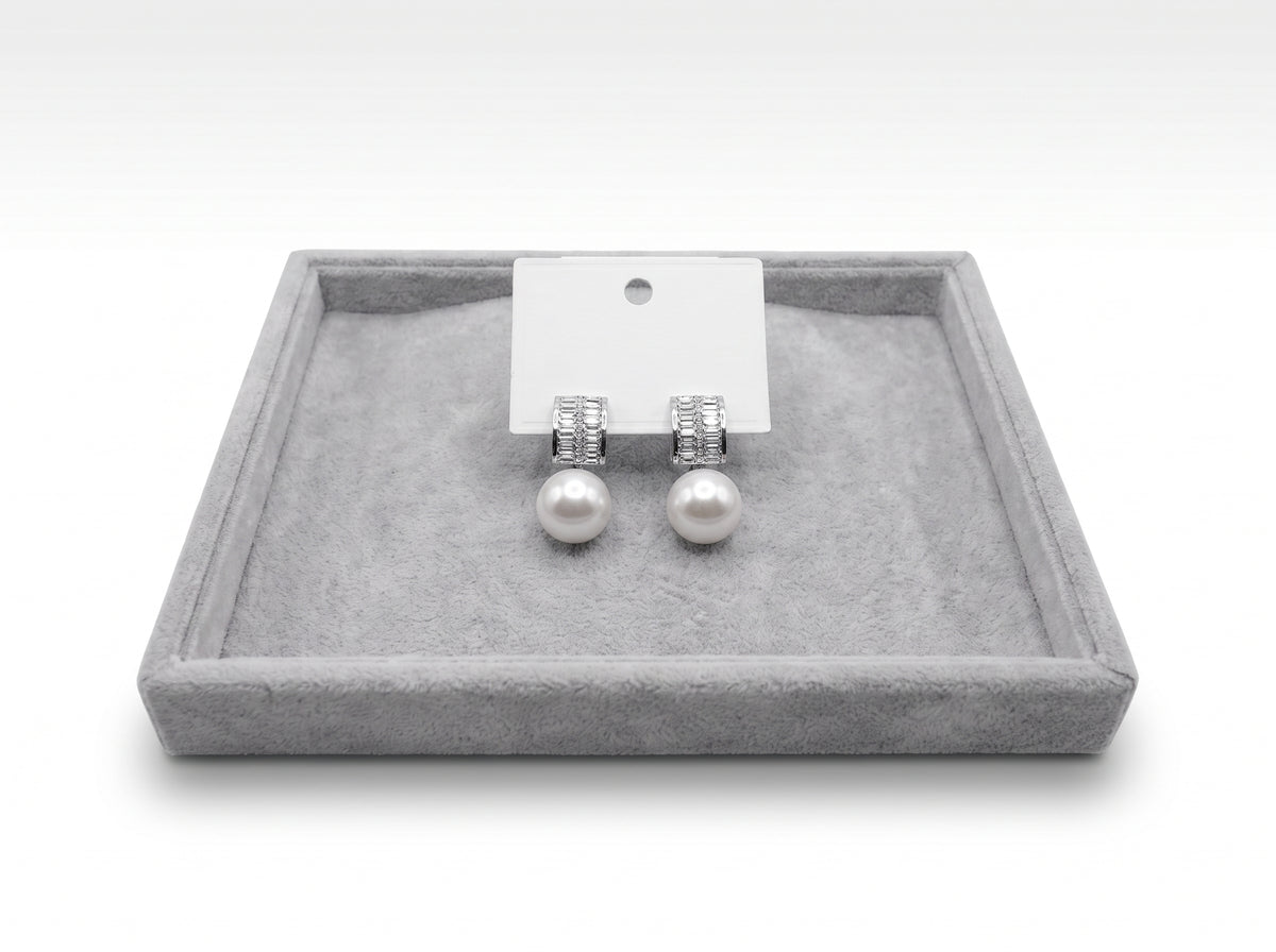 Lustrous Pearl Drop Earrings with Crystal Band Top in Silver Finish