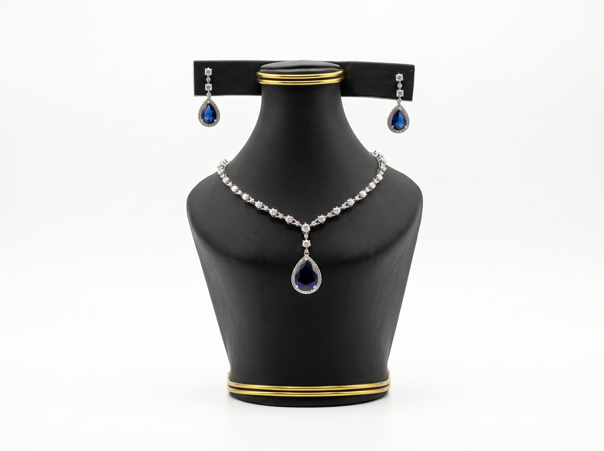 Royal Blue Sapphire Teardrop American Diamond Necklace Set