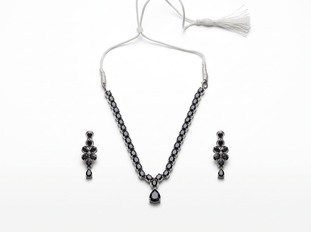 Elegance Jet Black Teardrop sliver plated Necklace & Earring Set