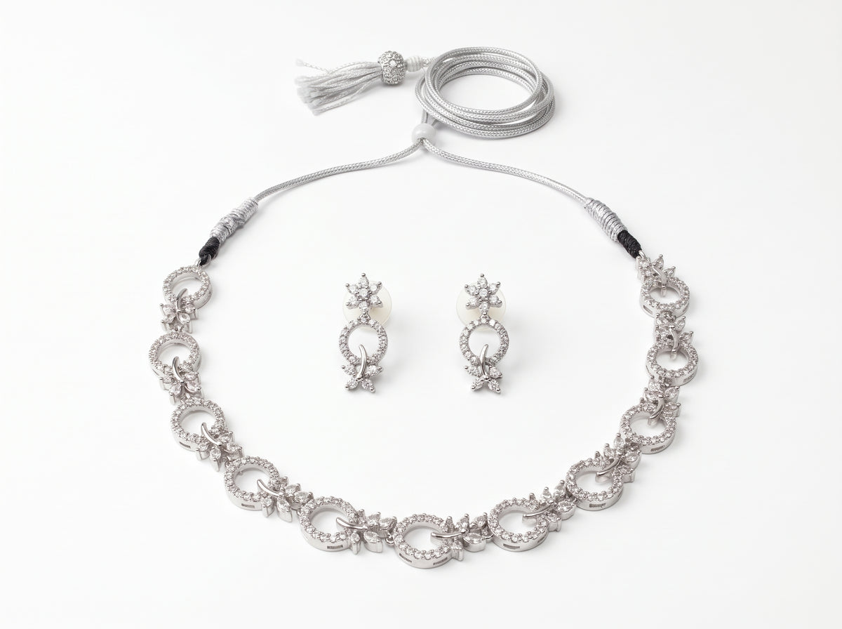 Champagne Leaf & Silver Circle American Diamond silver plated Necklace