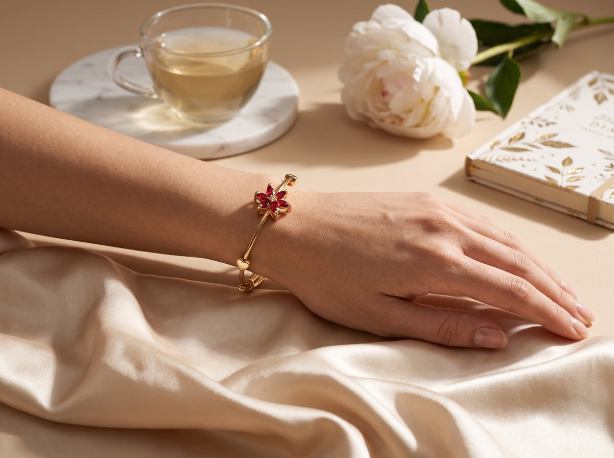 Gold Plated Red Floral Gemstone Adjustable Bracelet