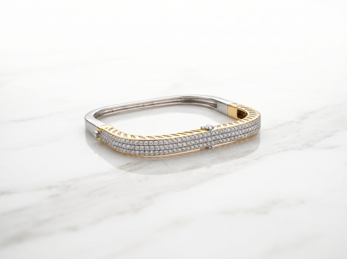 Silver Dual-Tone Square Pavé Zircon Hinged Bracelet
