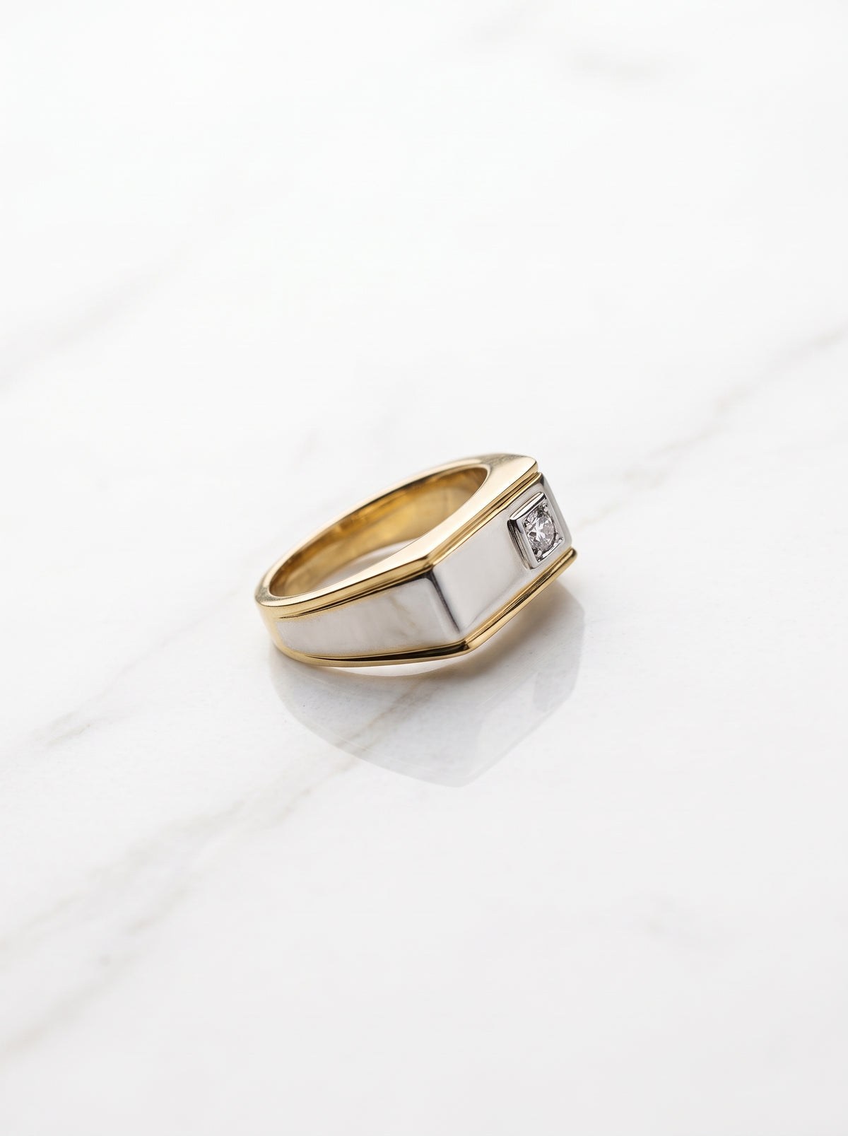 Mens Two-Tone Solitaire Zircon Signet Ring