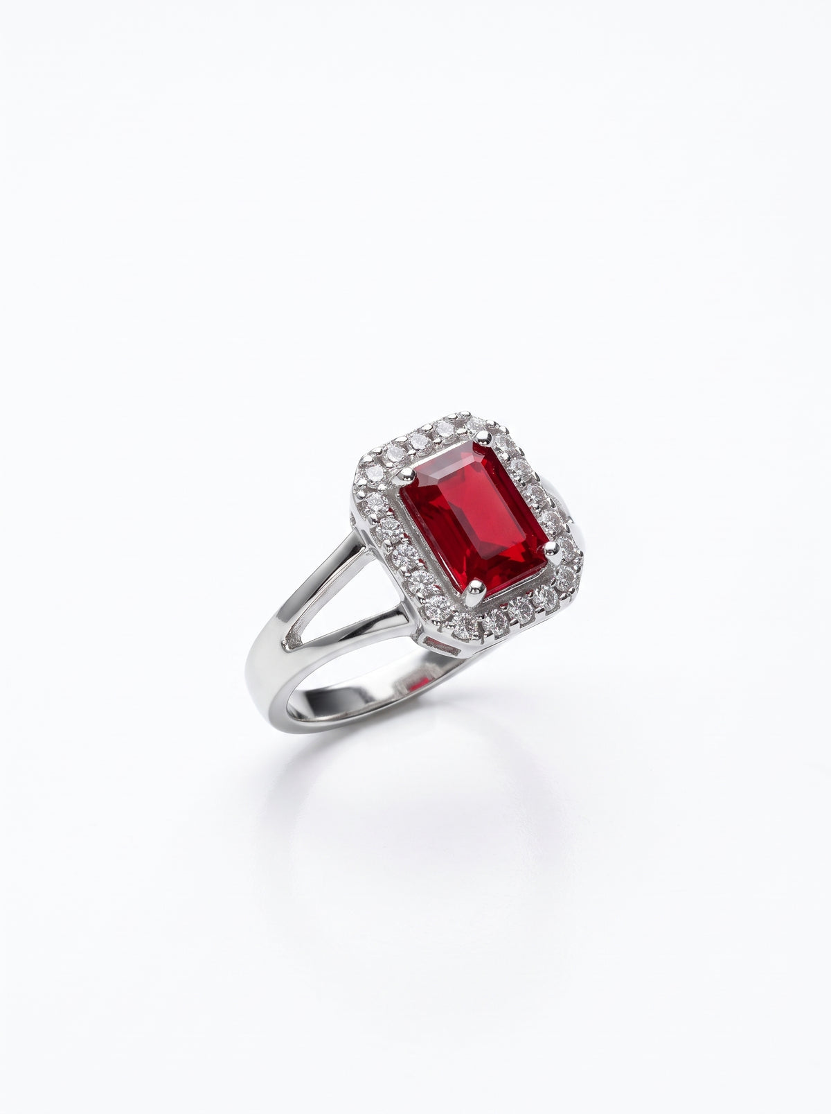 Silver Emerald-Cut Ruby Zircon Halo Split-Shank Ring