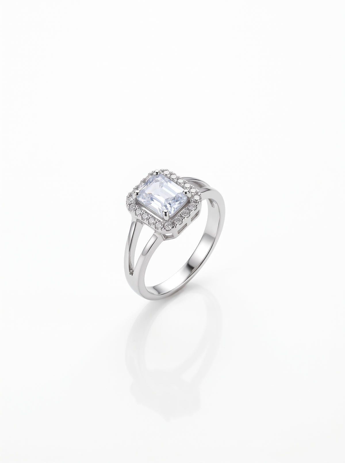 Silver Princess-Cut Zircon Cushion Halo Split-Shank Ring