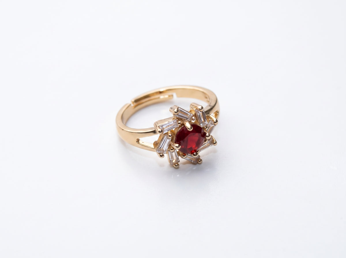 Gold Ruby Red Baguette Sunburst Halo Split-Shank Ring