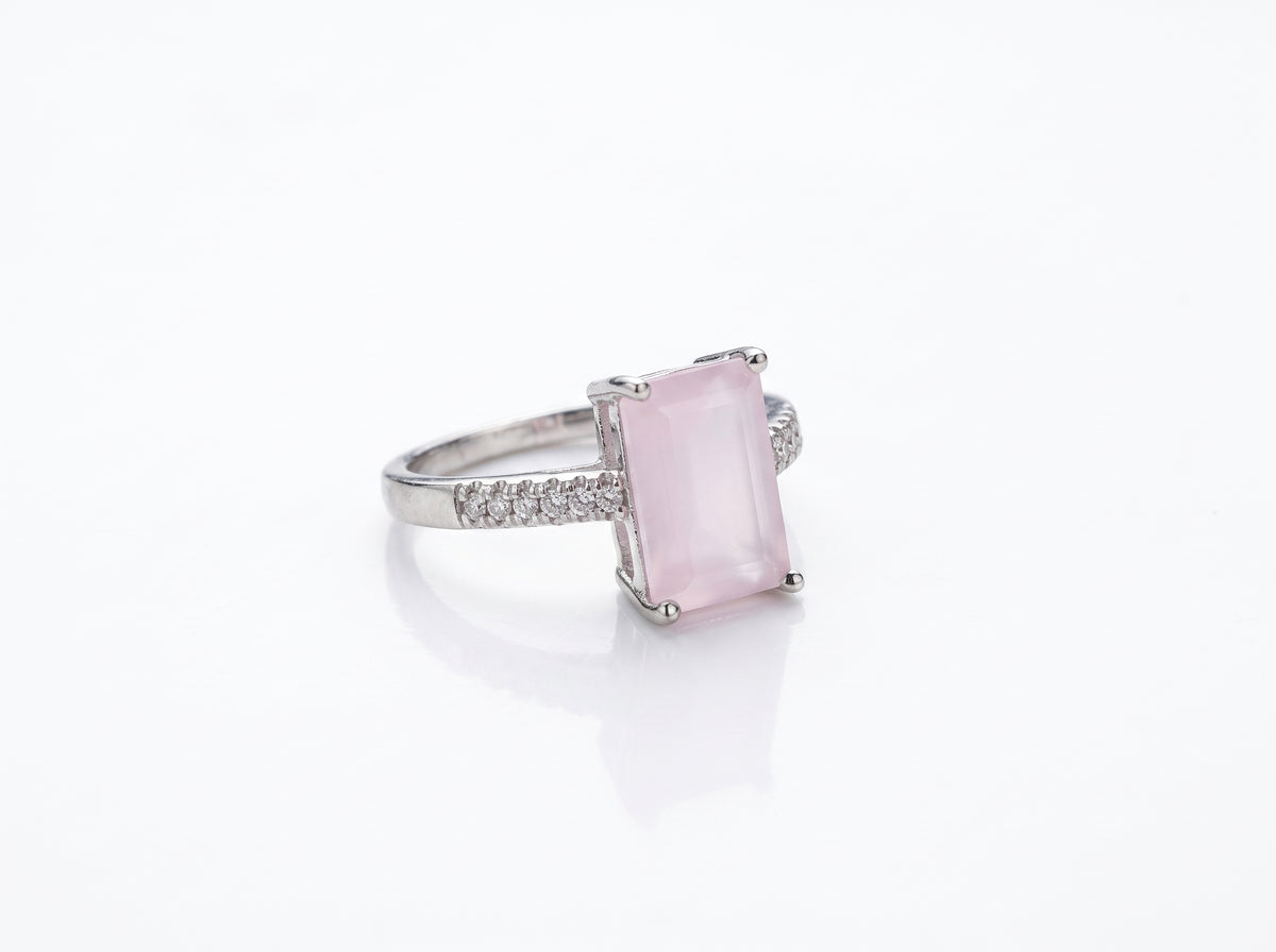 Silver Emerald-Cut Blush Pink Zircon Pavé Band Ring