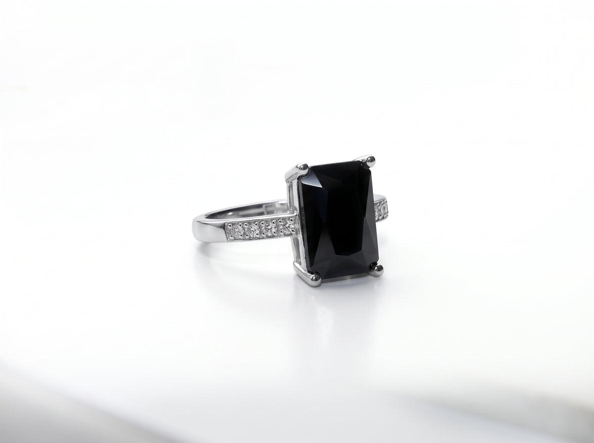 Silver Emerald-Cut Black Gemstone Pavé Band Ring
