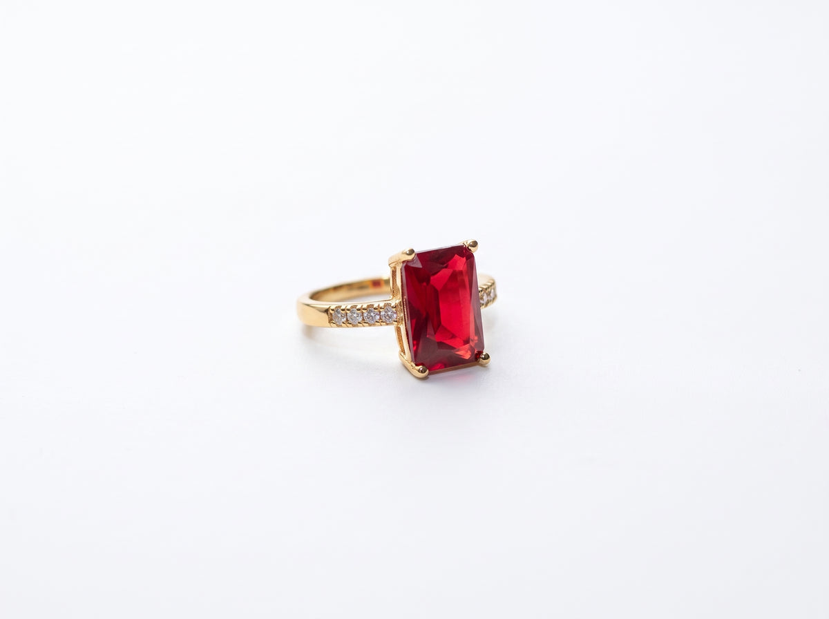 Gold Emerald-Cut Ruby Red Zircon Pavé Band Ring