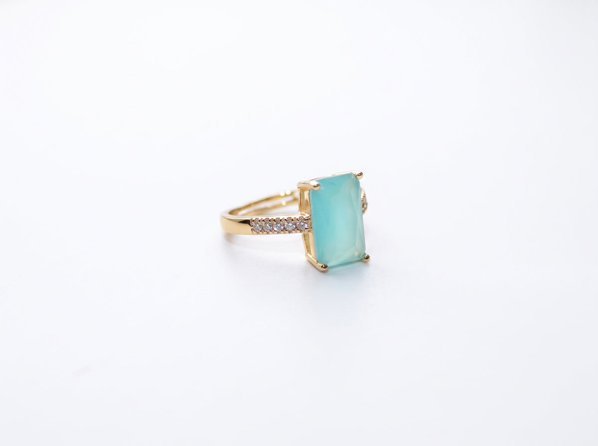 Gold Emerald-Cut Mint Green Gemstone Pavé Band Ring