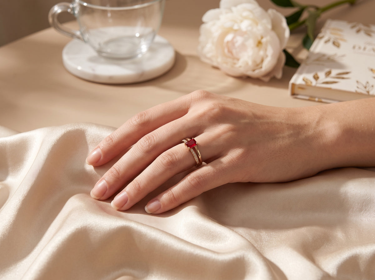 Gold plated Emerald-Cut Ruby Red Split-Band Pavé Ring