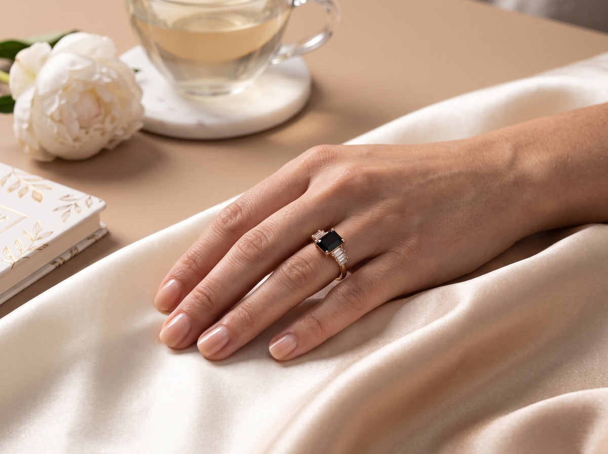 Gold plated Emerald-Cut Black Gemstone Three-Stone Baguette Ring
