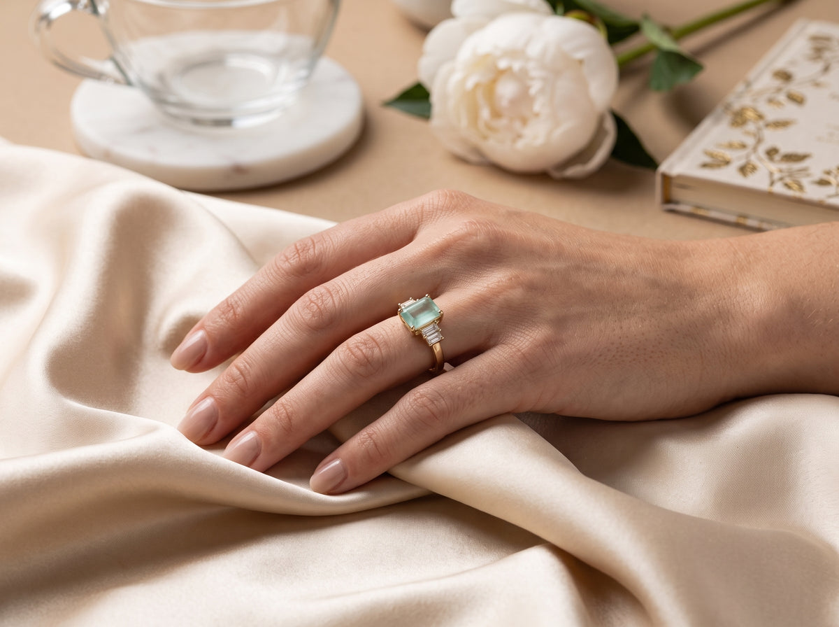 Gold plated Emerald-Cut Mint Green Zircon Three-Stone Baguette Ring