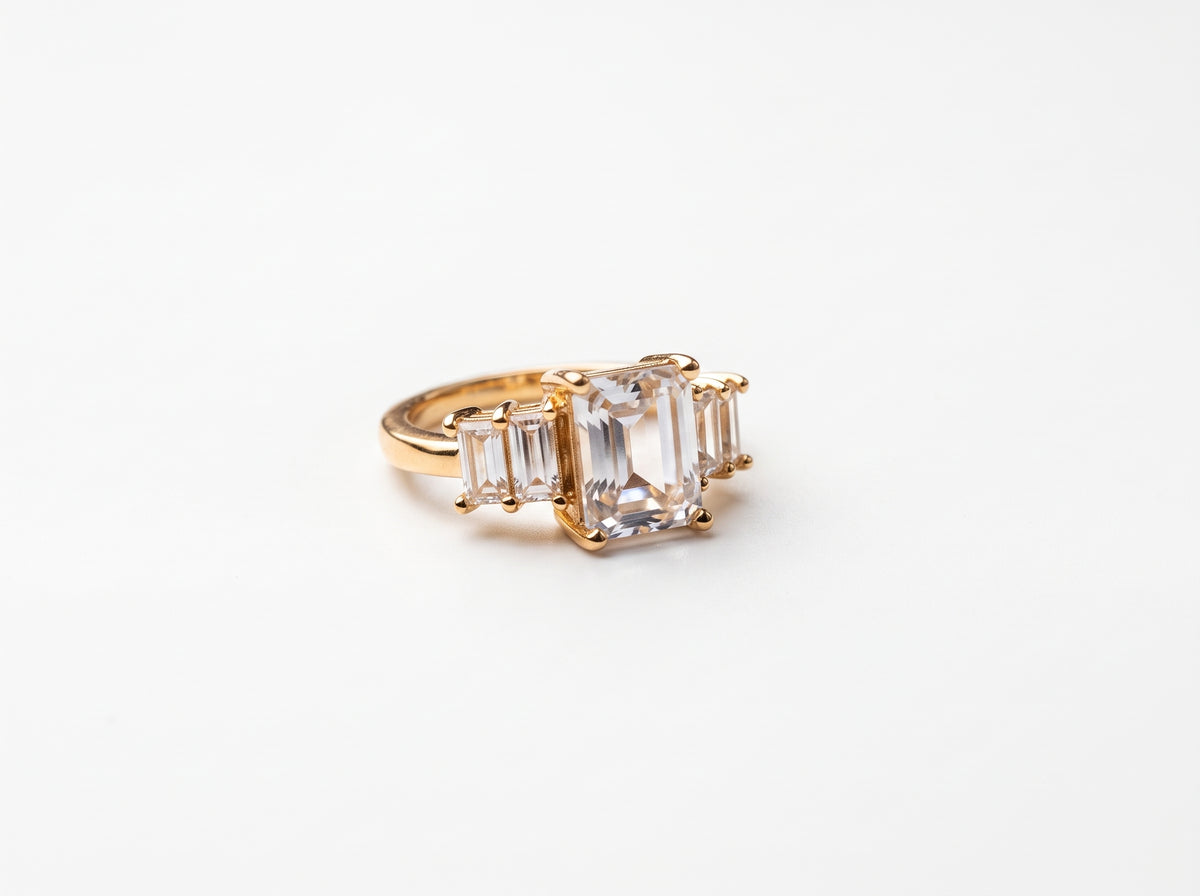 Gold plated Emerald-Cut Clear Zircon Three-Stone Baguette Ring