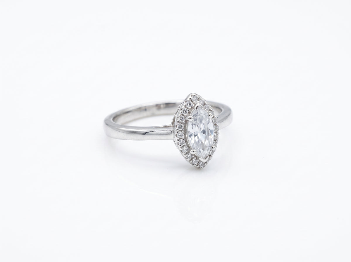 Silver plated Marquise-Cut Clear Zircon Halo Solitaire Ring