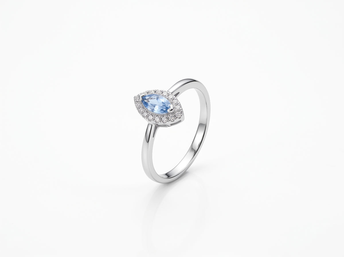 Silver plated Marquise-Cut Aquamarine Light Blue Zircon Halo Solitaire Ring