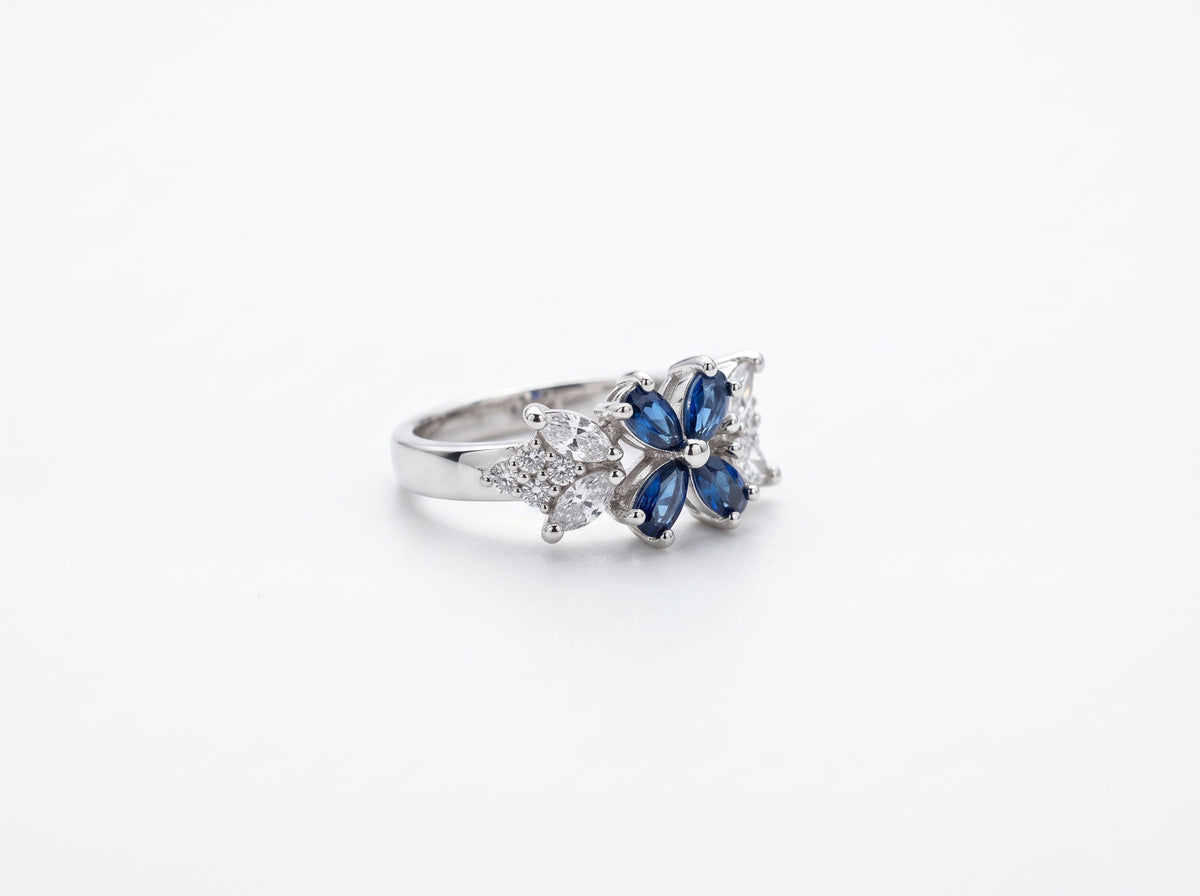 Silver plated Floral Marquise Sapphire Blue & Clear Zircon Cluster Ring