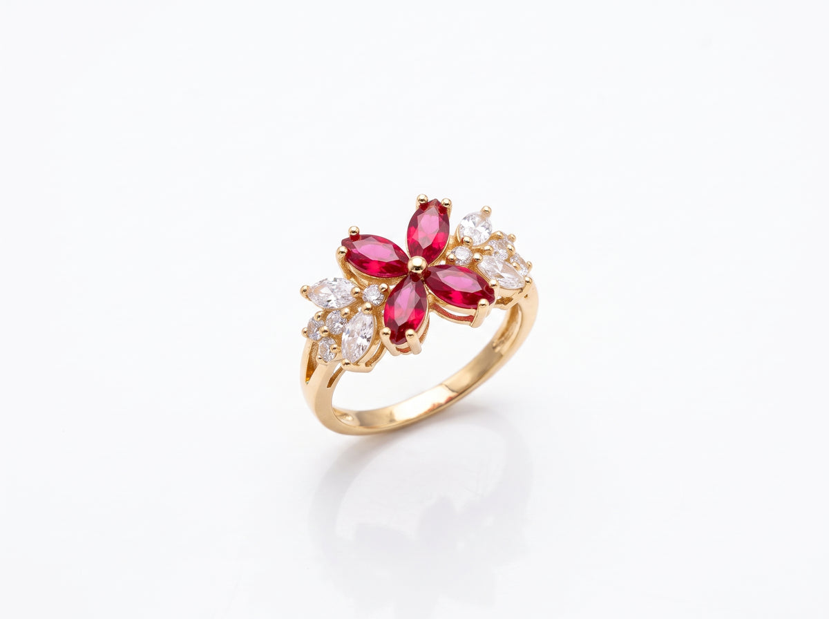 Gold plated Floral Marquise Ruby Red & Clear Zircon Cluster Ring