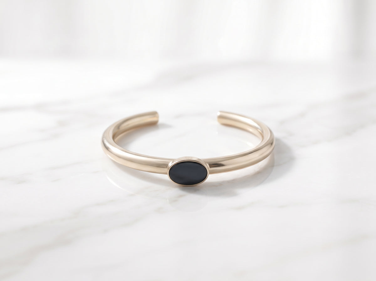 Gold Plated Oval Black Gemstone Open Cuff Bangle
