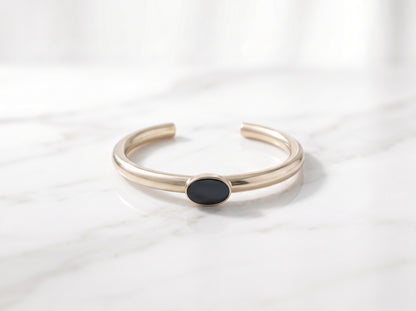Gold Plated Oval Black Gemstone Open Cuff Bangle