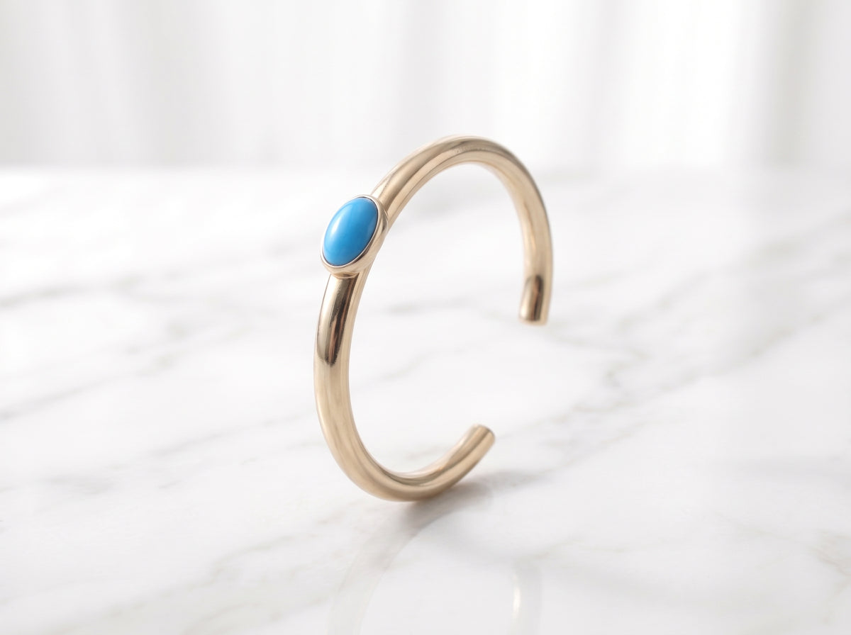 Gold Plated Oval Turquoise Blue Gemstone Open Cuff Bangle