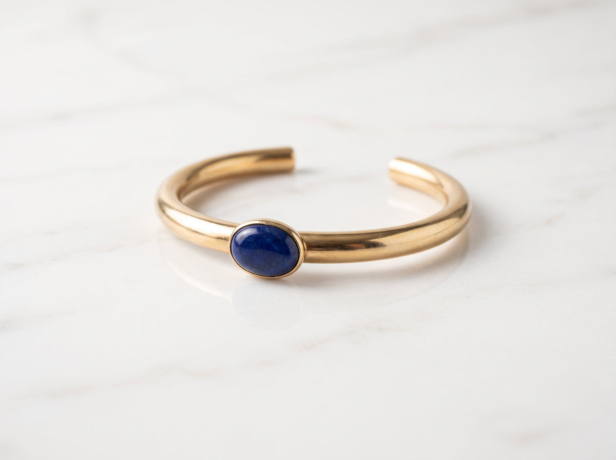 Gold Plated Oval Lapis Royal Blue Gemstone Open Cuff Bangle
