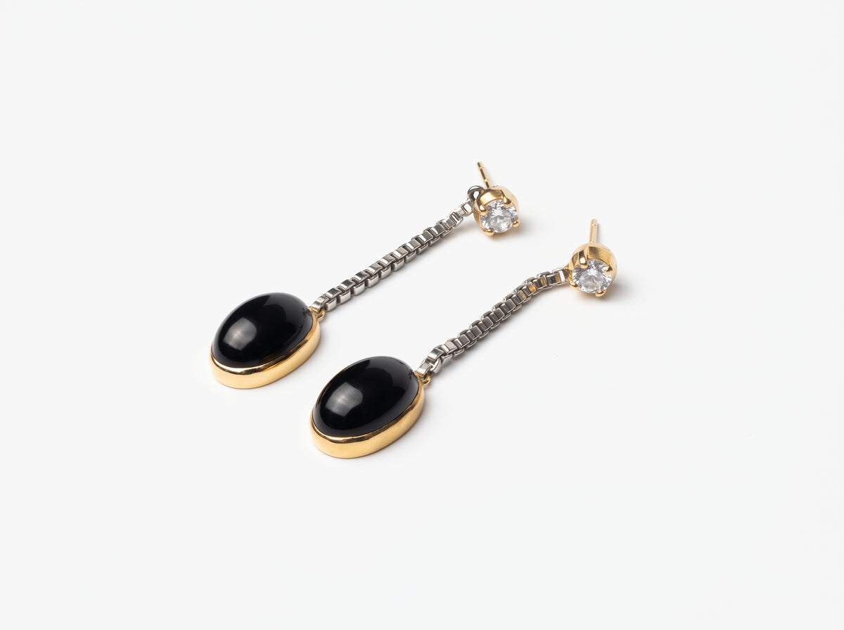 Two-Tone Gold & Silver Plated Drop Earrings with Black Onyx & Cubic Zirconia
