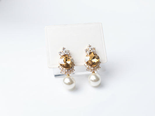 Gold Plated Champagne Round Faceted Statement Earrings