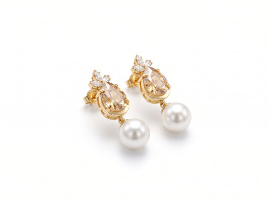 Gold Plated Champagne Teardrop Gemstone Earrings