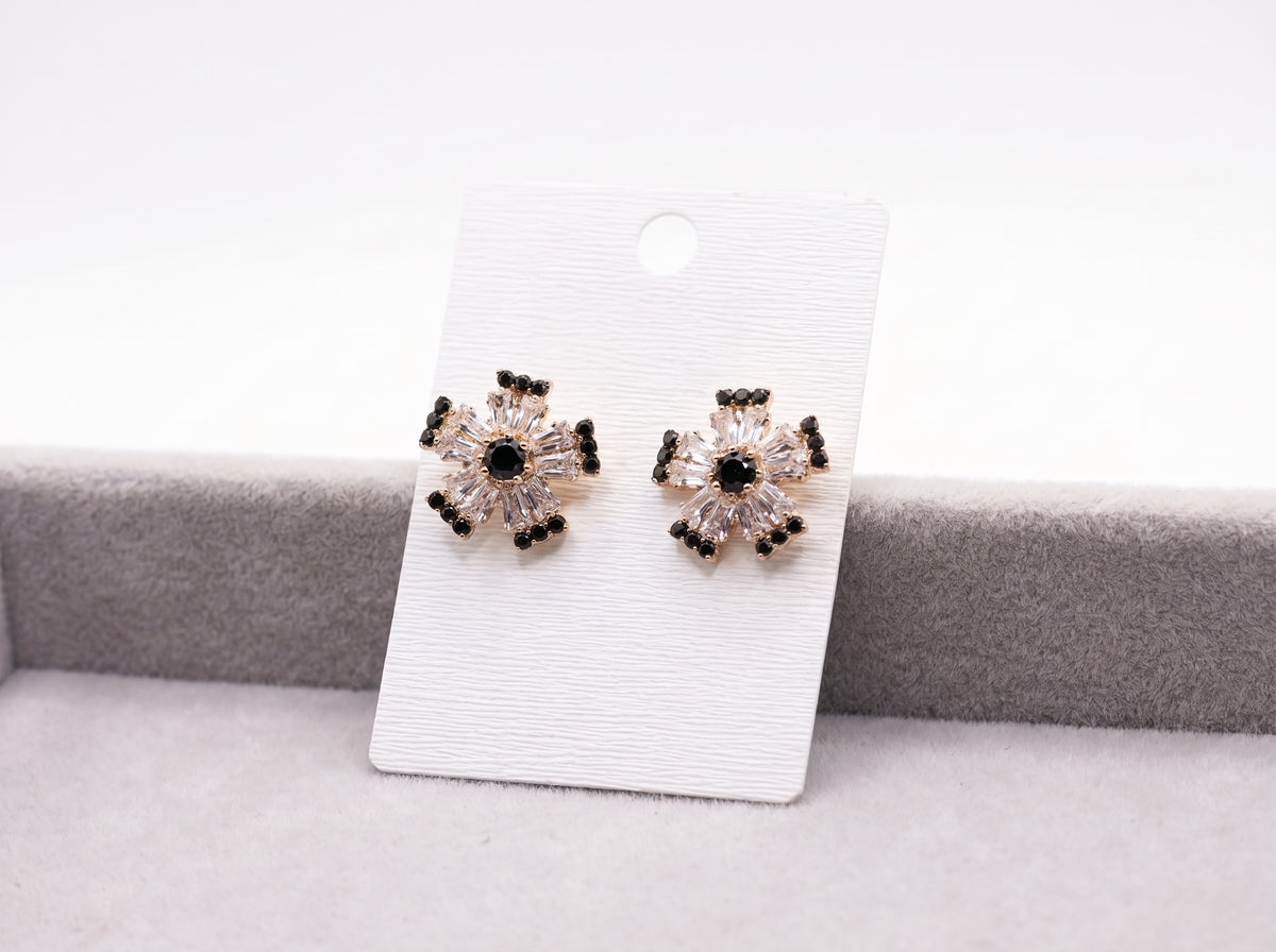 Black & Clear Crystal Floral Snowflake Stud Earrings in Gold Finish