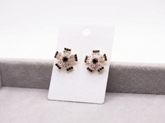Black & Clear Crystal Floral Snowflake Stud Earrings in Gold Finish