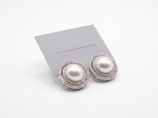 Lustrous Pearl & Double Pavé Crystal Halo Stud Earrings in Silver Finish