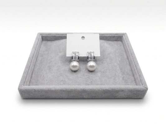 Lustrous Pearl Drop Earrings with Crystal Band Top in Silver Finish