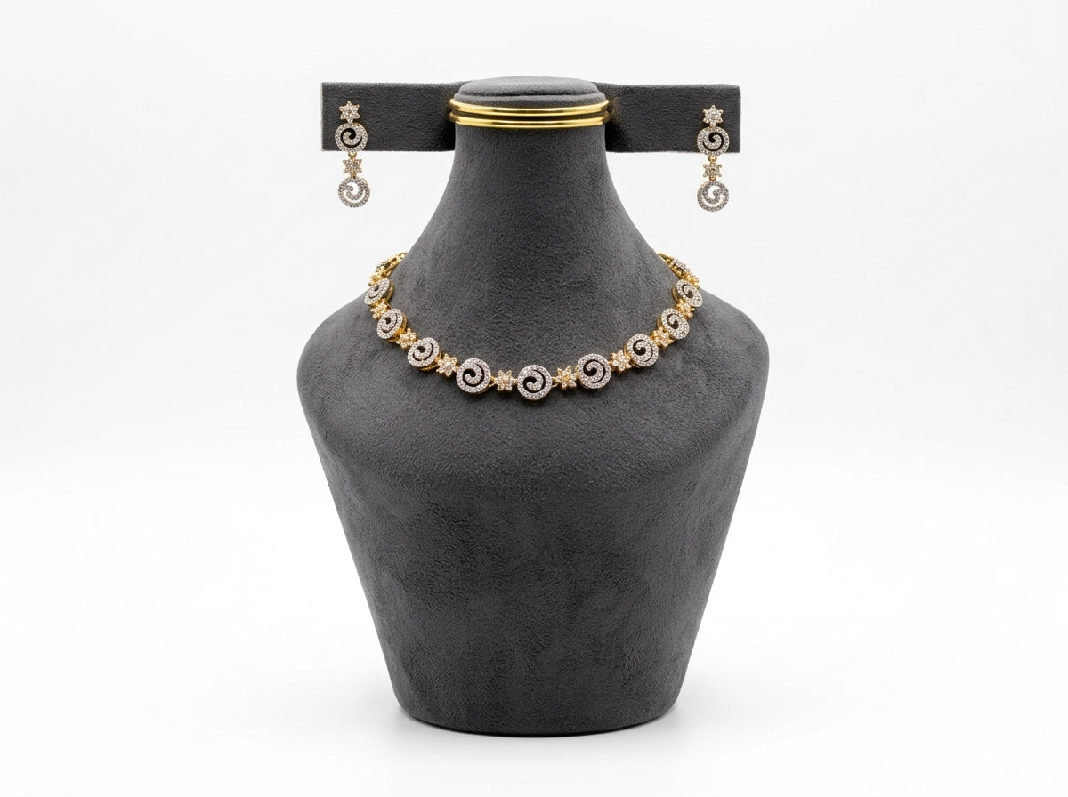Gold & Silver Plated Cubic Zirconia Swirl Necklace and Earring Set