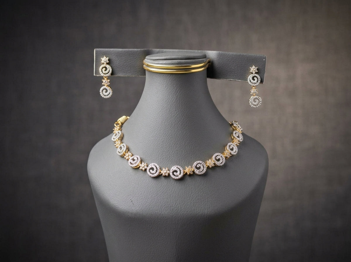 Gold & Silver Plated Cubic Zirconia Swirl Necklace and Earring Set