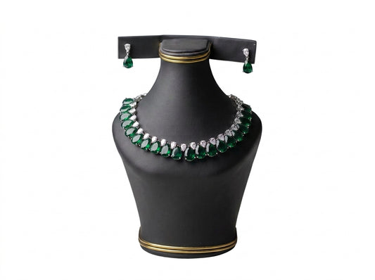 Emerald Green Teardrop & American Diamond Necklace Set