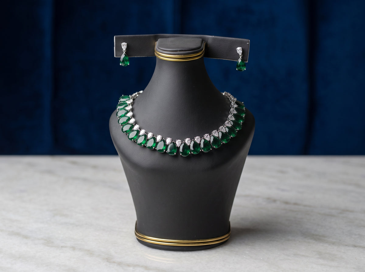 Emerald Green Teardrop & American Diamond Necklace Set
