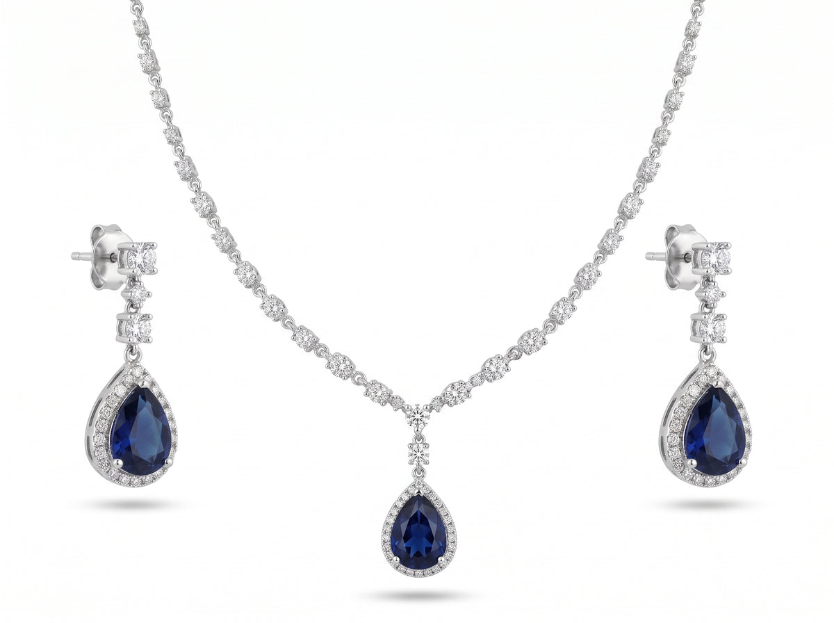 Royal Blue Sapphire Teardrop American Diamond Necklace Set