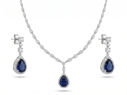Royal Blue Sapphire Teardrop American Diamond Necklace Set