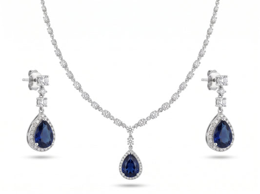 Royal Blue Sapphire Teardrop American Diamond Necklace Set
