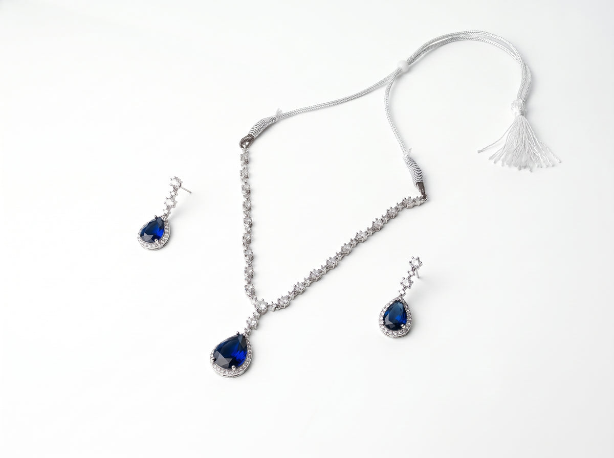 Royal Blue Sapphire Teardrop American Diamond Necklace Set