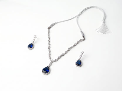 Royal Blue Sapphire Teardrop American Diamond Necklace Set