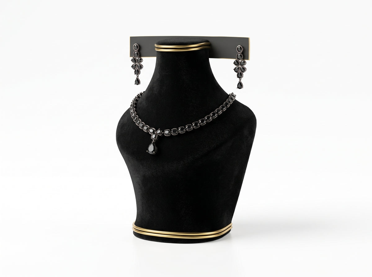 Elegance Jet Black Teardrop sliver plated  Necklace & Earring Set