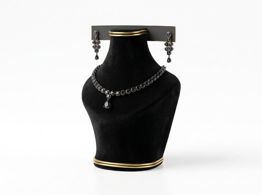 Elegance Jet Black Teardrop sliver plated  Necklace & Earring Set