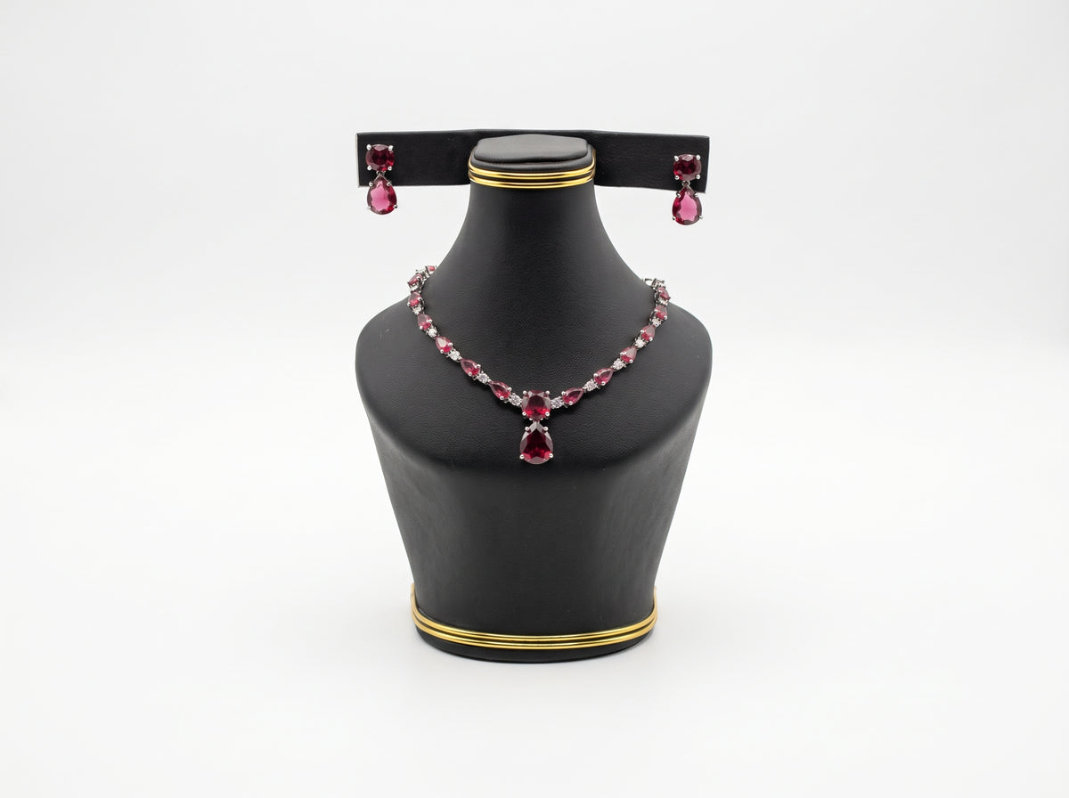 Ruby Red Teardrop & American Diamond silver plated Necklace Set